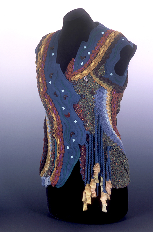 Fishing Vest, 1972, wool, velvet, crochet.