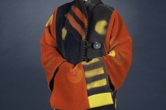 Lotus Coat, wool, clamp resist dyed.