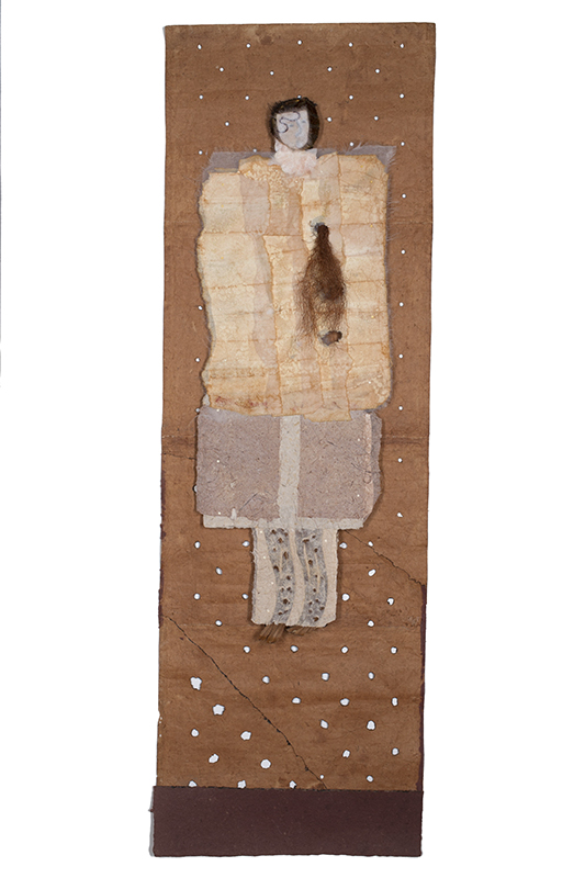 "Geisha", 2015 15.5"x49.5", handmade paper, burned, stitched, wool, plant material.