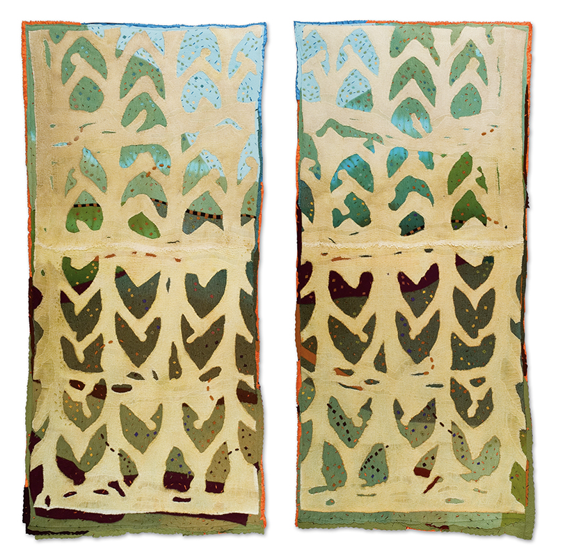 "Layers of Meaning", 2007, 87"x36" each panel, wool, dyed, pieced, stitched.