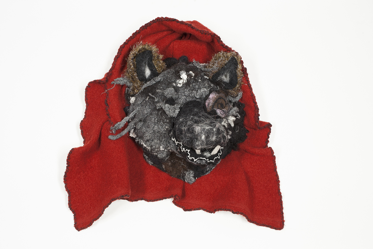 "Wolf Mask", 2015, 14"x8" x14", wool, reed, fulled, stitched.