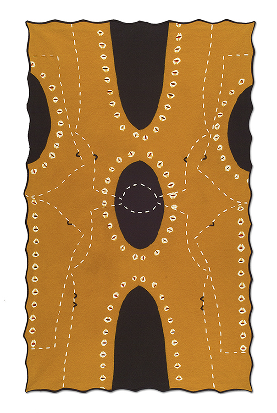Markers, Gold, 2005, 34"x63", wool, pierced, pieced, stitched, fulled.